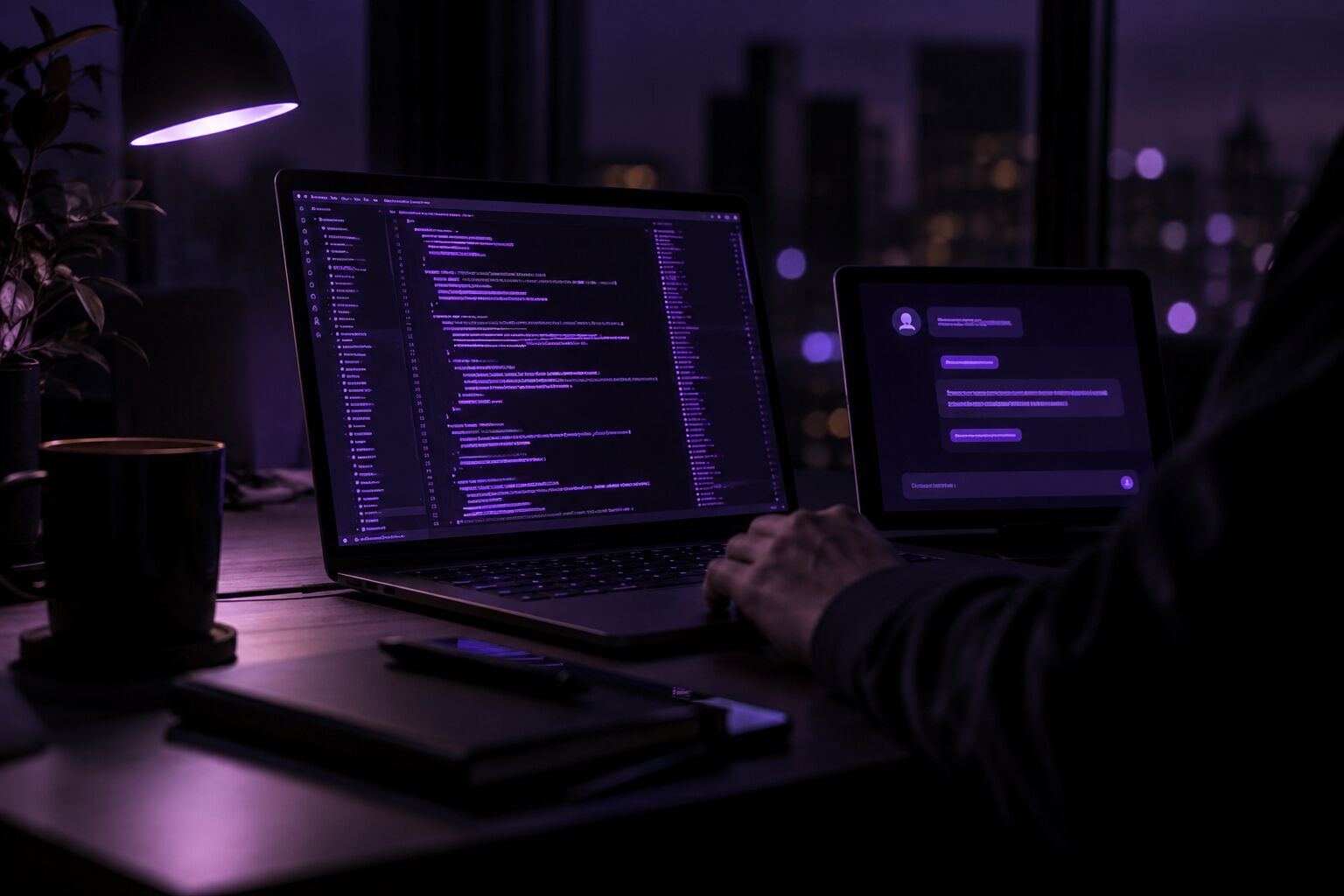 Mesa de trabalho à noite com um terminal aberto no notebook